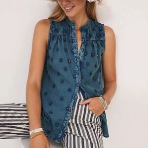 Anthropologie Blue Embroidered Button Down Shirt